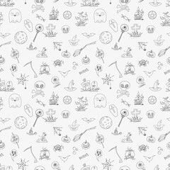 Seamless Halloween pattern, spooky hand-drawn icons, ghosts, pumpkins, bats, witches hats, spider webs. Perfect for holiday designs, textile prints, packaging, party decor Isolated on white background