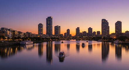 Naklejka premium The water is calm showing a modern city skyline reflected in a river at dusk with boats passing by