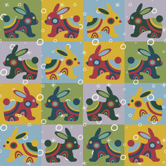 A warm, wintry, and sweet pattern featuring a northern hare in a patchwork square. A Scandinavian, festive, and New Year's design for wrapping paper, seasonal banners, prints, fabrics, and wrapping.