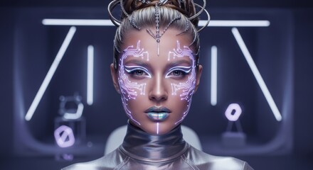 Portrait of futuristic cyberpunk woman with glowing circuit patterns on her face and piercing blue eyes on neon-lit cityscape. image embodies themes of artificial intelligence, cyborgs, technology