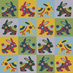 A warm, wintry, and sweet pattern featuring a northern hare in a patchwork square. A Scandinavian, festive, and New Year's design for wrapping paper, seasonal banners, prints, fabrics, and wrapping.