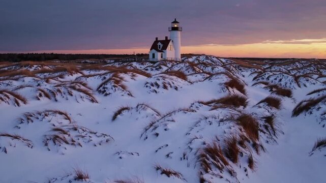 Beacon at Northeastern Coastal Location Surrounded by Snow-Covered Sand Mounds