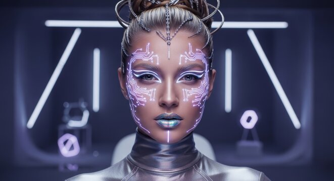Portrait of futuristic cyberpunk woman with glowing circuit patterns on her face and piercing blue eyes on neon-lit cityscape. image embodies themes of artificial intelligence, cyborgs, technology