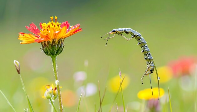 A jumping insect near a vibrant flower