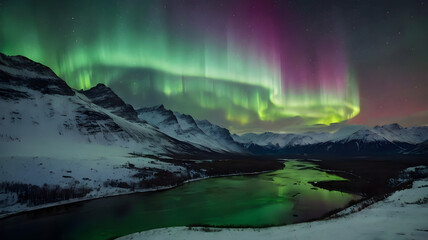 Celestial dance of the vibrant aurora borealis with green and purple hues illuminating a frozen winter wonderland and reflecting in tranquil water