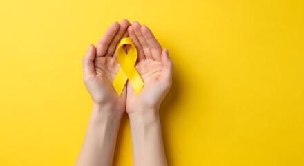 Childhood cancer awareness month gold ribbon support hands on yellow background