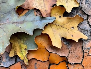Autumn Leaves on Cracked Earth Texture Background