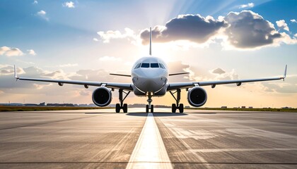 Commercial airplane on airport runway at sunset.