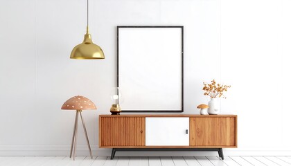 A stylish, modern living room scene showcases a minimalist design with warm, natural tones.  A blank frame, a wooden cabinet, and unique lighting fixtures create a cozy and inviting atmosphere.