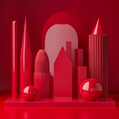 Abstract Red Geometric Cityscape 3D Render