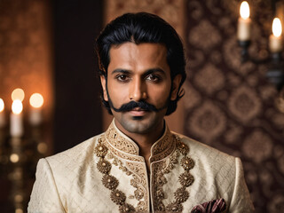 Indian man in traditional sherwani with detailed facial features