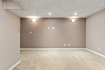Large empty room with a tan wall and a carpeted floor