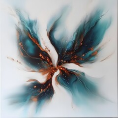 Abstract Teal Gold Fluid Art Painting, Modern Whimsical Butterfly Design