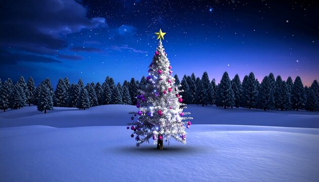 Enchanted winter wonderland scene with illuminated christmas tree under starlit sky