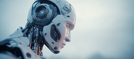 Fototapeta premium Close-up profile view of a detailed, futuristic robot head, showcasing intricate mechanical details and a serene, thoughtful expression against a pale, diffused background.