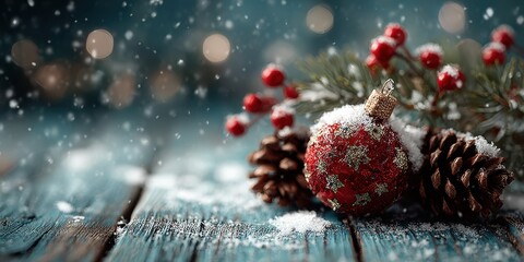 Festive holiday decoration featuring red ornament and pinecones on wooden table surrounded by snowflakes