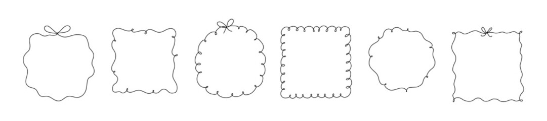 Set of elegant whimsical hand drawn frames with wavy squiggle curly ribbon and bow in trendy, vintage retro styles. Perfect for wedding, birthday or party invitations or greeting card decor