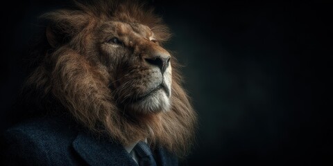 Lion in a suit exuding confidence and power in a dramatic setting