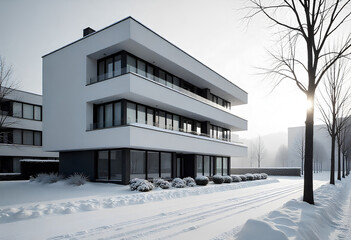 The promise of a new day, captured in the simple elegance of a modern facade, bathed in a radiant light that tells a story of urban sophistication.