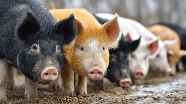 Group of pigs gathered in a muddy farmyard during a cloudy day in rural countryside