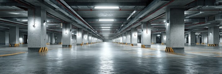Modern underground parking structure showcasing expansive layout and industrial design during daytime