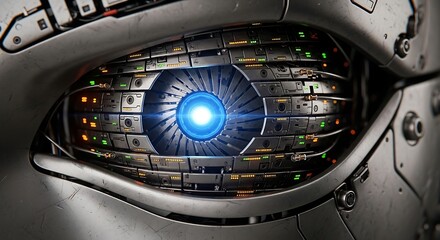 Fototapeta premium Futuristic Robot Eye, High-Tech Detail, Glowing Blue Iris.