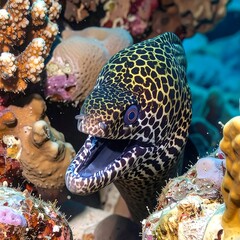 A close-up of a spotted moray eel with an open mouth, surrounded by vibrant coral and sponges in a coral reef environment.