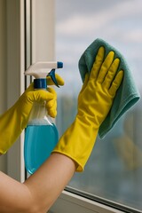 Female individual wearing yellow rubber gloves is cleaning a window with a blue spray bottle and cloth, showcasing effective cleaning techniques and household maintenance
