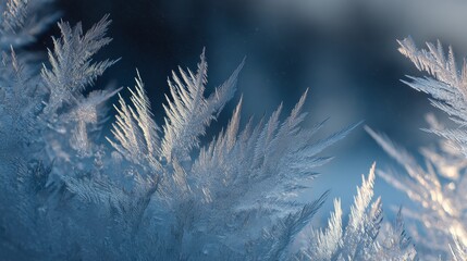 Close-up of the intricate, feathery patterns of frost forming on the corner of a windowpane.