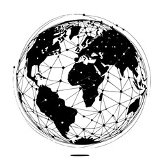 A globe with continents and a network of lines and dots in black and white
