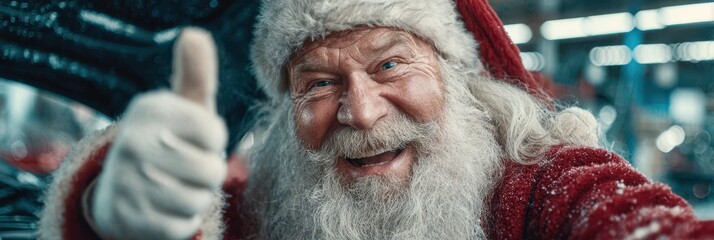 Cheerful Santa Claus giving a thumbs up in a festive workshop during the holiday season