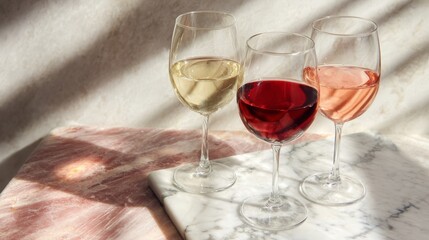 Three glasses of wine with light and shadow on marble table
