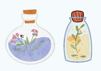 Bundle of Aromatherapy Oil,  Herbal Drink Liquid in Bottle Illustration