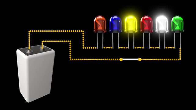 Multiple colorful LEDs Series connection with battery and switch, 3D Electric project animation, simple circuit diagram, colorful bulb glowing    