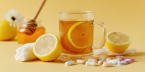 Hot herbal tea with lemon, honey, and flu medicine isolated on white for wellness and healthcare concepts.