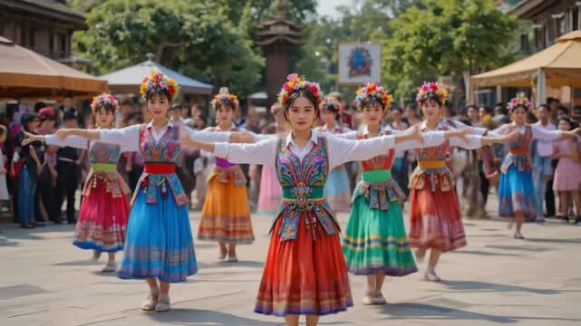 Colorful traditional dancers perform in a vibrant outdoor setting. 4k video