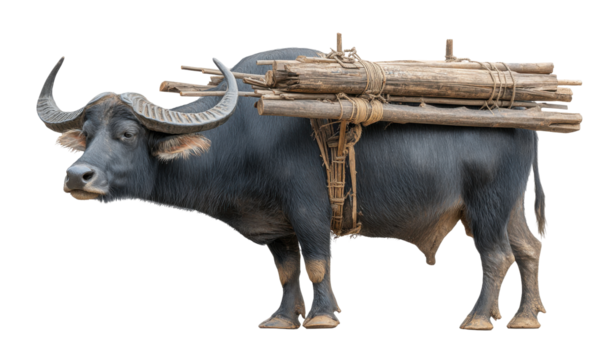 Water buffalo carrying a load of wood