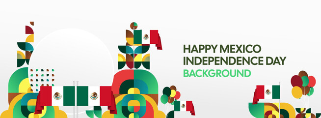 Horizontal Mexico Independence Day background with national flag, geometric ornaments, and festive colors. Ideal for banners, posters, web header, promotions, and event campaigns. Happy Mexico Day
