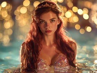 A stunning ethereal mermaid princess sits gracefully in shimmering twilight waters, her long flowing hair glowing with magical elegance.