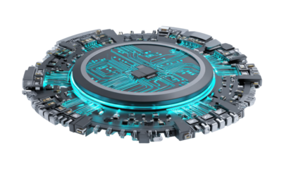 Circular circuit board with glowing turquoise accents