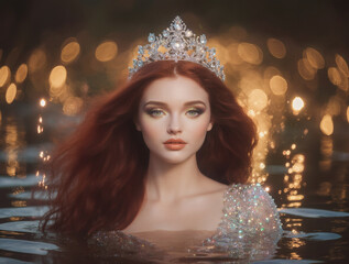 A stunning ethereal mermaid princess sits gracefully in shimmering twilight waters, her long flowing hair glowing with magical elegance.