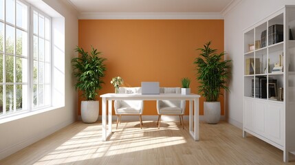 Fototapeta premium Cozy Home Office with Orange Wall and Green Plants, Creating a Comfortable Workspace