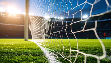 Soccer goal net on a vibrant green field with stadium lights in the background.
