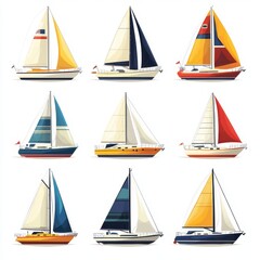 Collection of colorful sailing boats displayed in a grid, showcasing various designs and sail colors under bright lighting