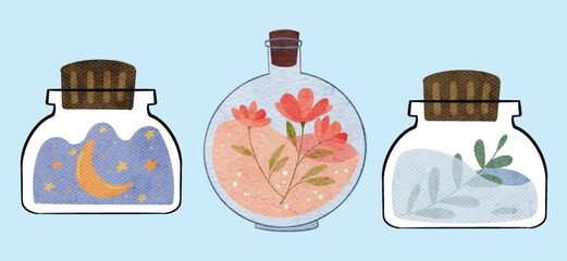 Set of Aromatherapy Oil Bottle with Flower and Herbs Illustration for Spa, Beauty and Bodycare Wellness Illustration