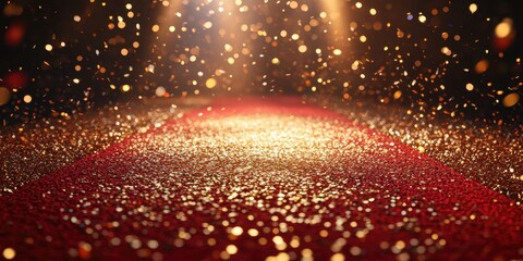 Sparkling red carpet leading to bright lights creates a festive atmosphere for an elegant event at night