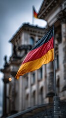 German flag waving in front of the historic Reichstag building in Berlin during a cloudy day
