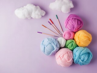 Rainbow Yarn Balls Knitting Needles Clouds Craft Supplies
