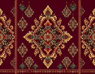 A rich, repeating pattern of intricate floral and geometric designs in shades of gold, red, and burgundy, highlighted by deep greens and teal accents.