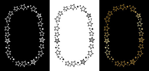 Charming decorative frame consisting of hand-drawn stars in black, white, and gold colors, space for text, monochrome isolated vector image, three design options on black and transparent background